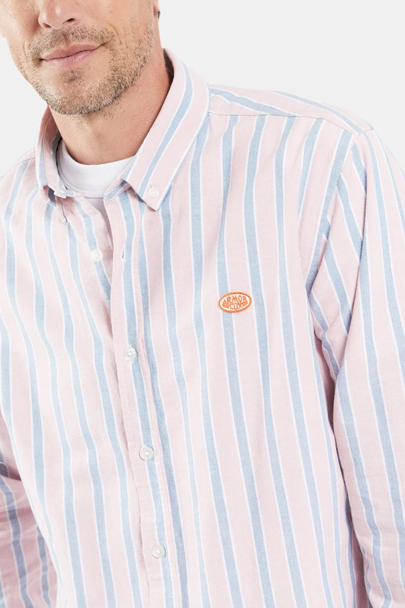 Armor Lux Oxford Stripe Henley Shirt (Pink White Blue) - Image 3